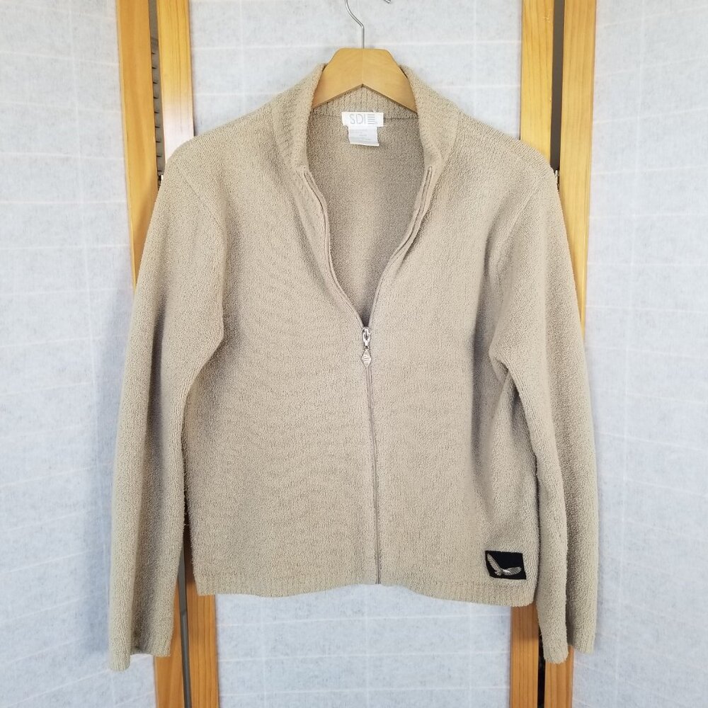 Zip Up Cardigan Sweater Short Khaki Terry Cloth Size Medium